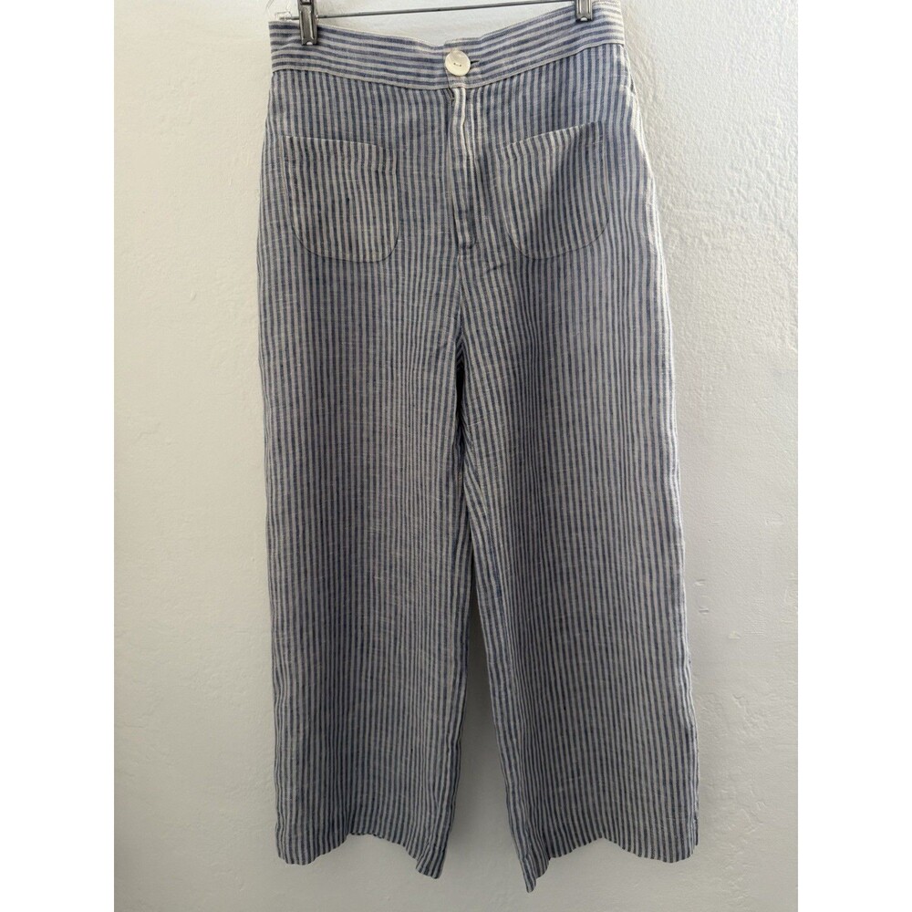 De Castro 100% Linen Blue White Stripe Cropped Culotte Pants Coastal Resort M